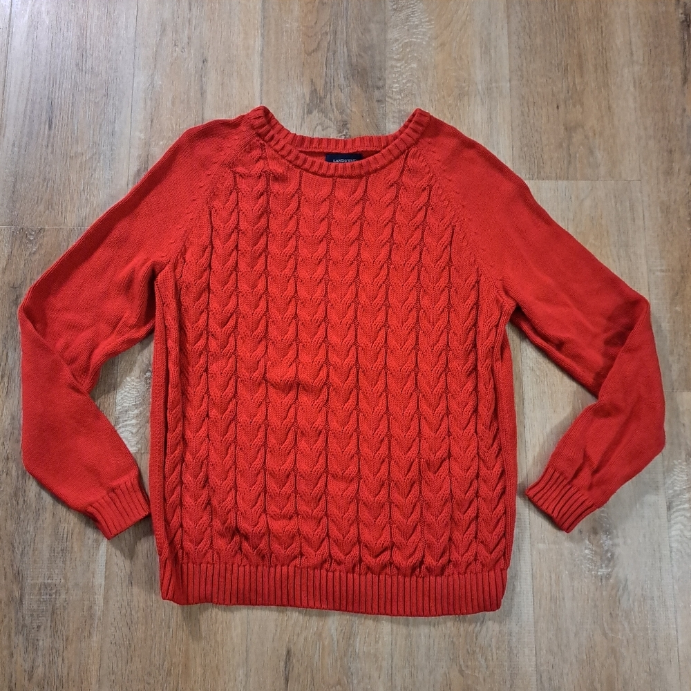 Lands' End Cherry Red Drifter Cable Knit Crewneck Sweater Women's Size XL